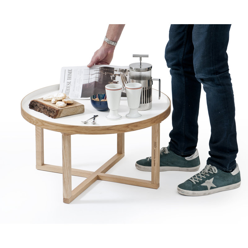 Bostic Solid Wood Tray Top Cross Legs End Table, White/Oak