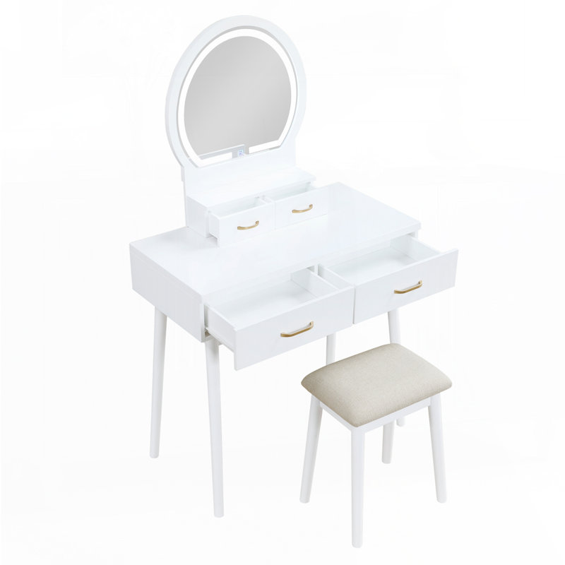 Makeup Vanity With Mirror And Stool, White