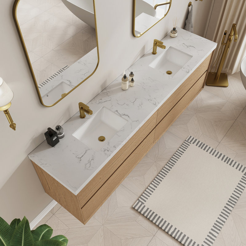 Solenne 84 In. Double Sink Wall Mounted Floating Bath Vanity In Natural Oak With White Carrara Engineered Stone Top, 84"