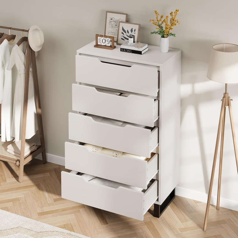 Commode de rangement autoportante élégante avec 5 grands tiroirs blanc