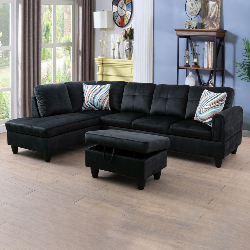 Canapé modulaire en L avec repose-pieds 3 pièces Straton, Velours noir, Orienté à gauche (vu de face)
