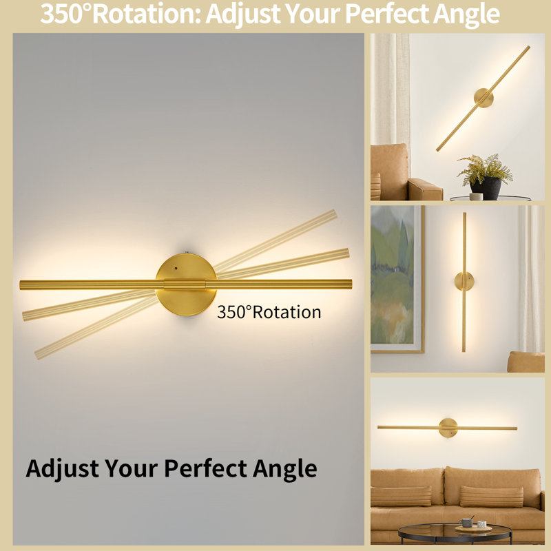 32'' Battery Operated Wall Sconces with Remote Control, Dimmable Wall Sconces Set of Two, 350°Rotate, Gold