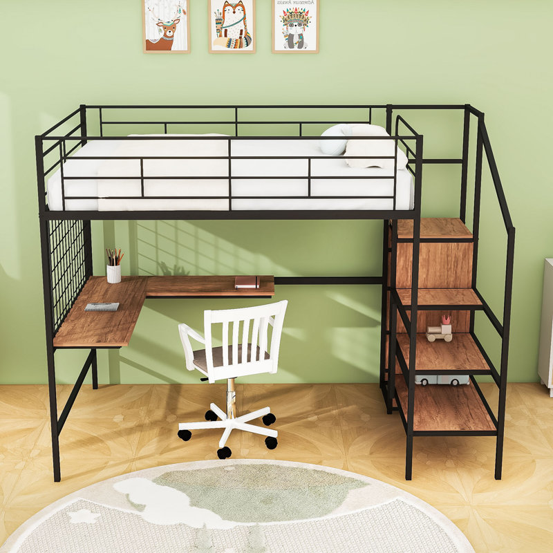 Metal Loft Bed With Desk And Staircases, Black, Full