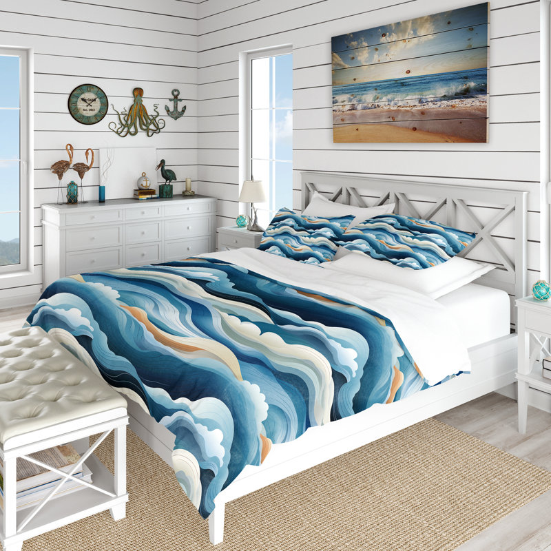 Literie à vagues bleues et blanches, Housse de couette pour très grand lit et 2 très