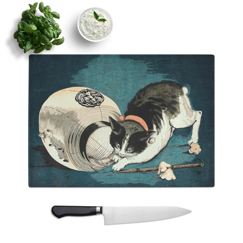 Tempered Glass Cat with Paper Lantern Chopping Board, 39 cm W x 28.5 cm L