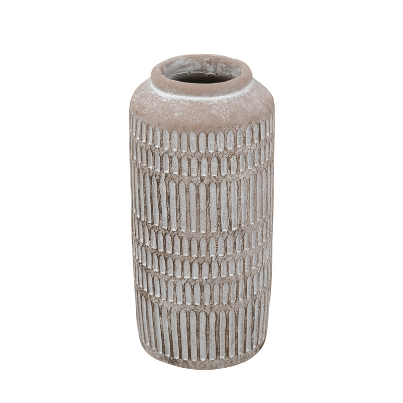 Vase décoratif 5,5 x 5,5 x 12 po sable brun et ciment avec texture côtelée terreuse