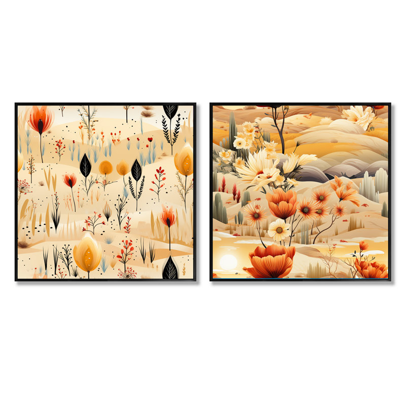 Aubepine - Ensemble de 2 collages carrés botaniques abstraits, Cadre flottant noir, H 16 po x l 33 po