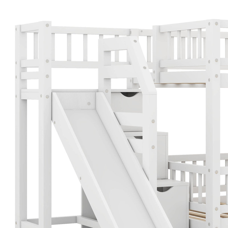 Lit superposé simple au-dessus de simple avec escalier de rangement, escalier en bois massif avec glissière et 2 tiroirs