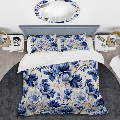 Barriffe Cobalt Blue Renaissance Victorian Pattern - Floral Duvet Cover Set - Microfiber Polyester