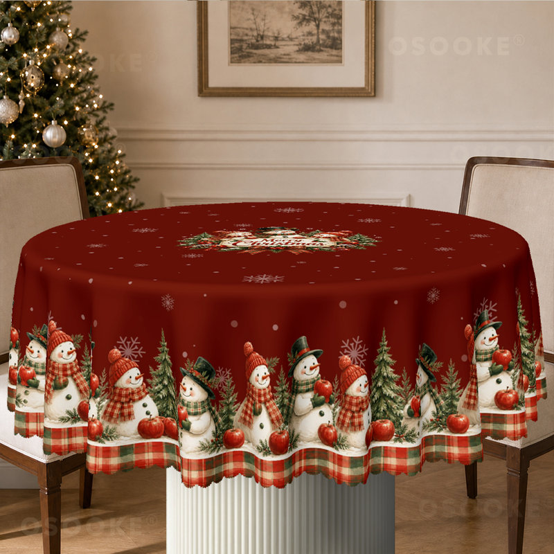 Nappe Christmas Snowman, rouge avec bordure écossaise, Rond 60 po