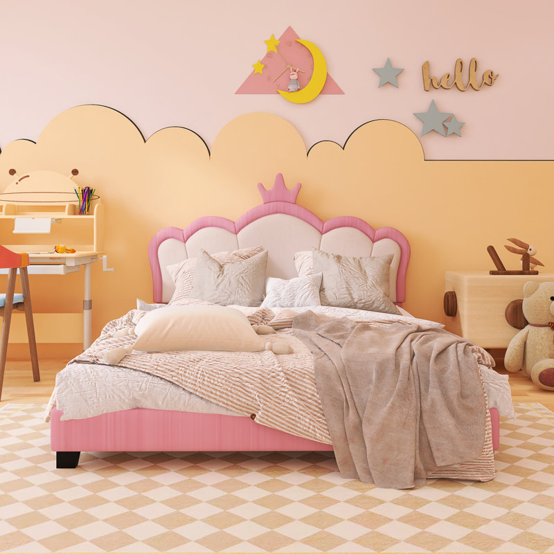 Lit princesse rembourré en bois avec tête de lit, Lit double, Rose