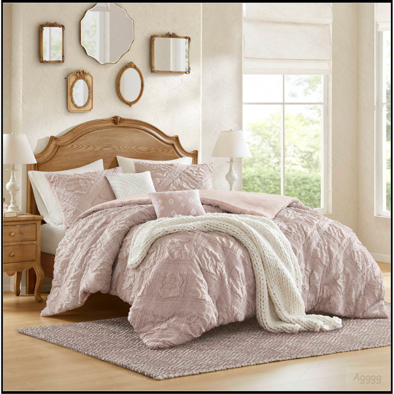 Ensemble d'édredon en jacquard sculpté 5 pièces pour lit double / grand 5 pièces, rose, Queen Comforter + 4 Additional Pieces