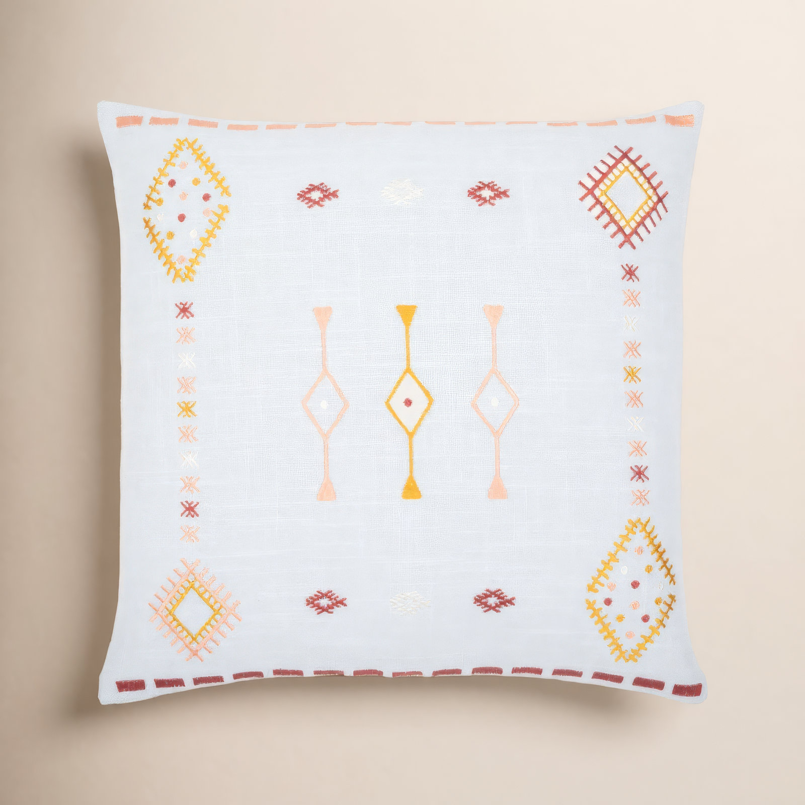 Gwyn Embroidered Cotton Pillow Cover, 18" x 18", Pale Blue/Mustard/Dusty Pink