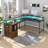 Monge 67'' L-Shape Wood Desk Computer Table with LED Light & Power Outlets-1223196394