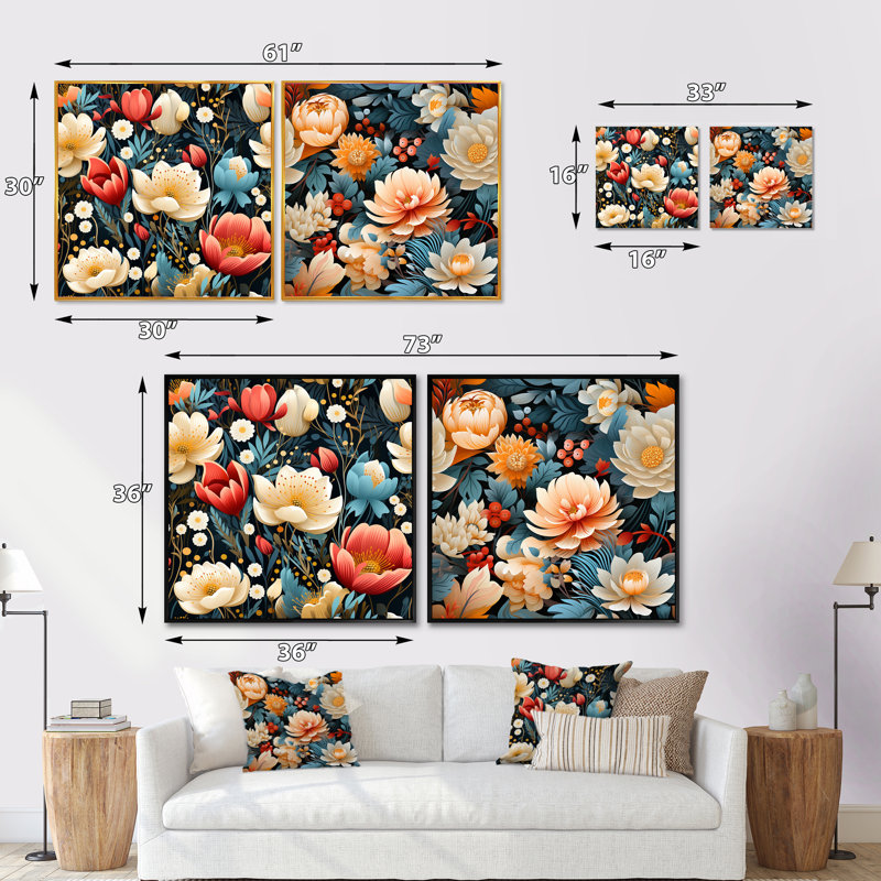 Danville - Ensemble de 2 collages floraux carrés, H 16 po x l 33 po, Cadre flottant doré