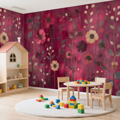 Wall Mural Peel and Stick Wallpaper Red Floral Burgundy Leaf Vintage Boho Flower Colorful Flowers Delicate Self-Adhesive Removable Contact Paper Wall Decor for Living Room Bedroom 100"H x 144"W