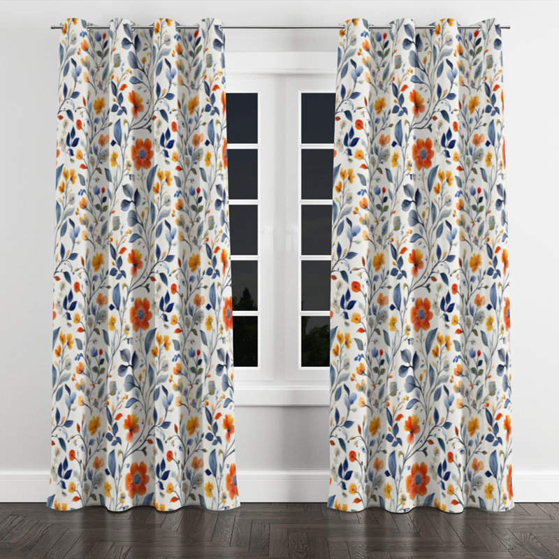 Boho Blackout Curtains - Blue Colorful Summer Paisley Gardens Grommet Curtain - 1 Panel, 52" W x 84" L, Silver Grommets