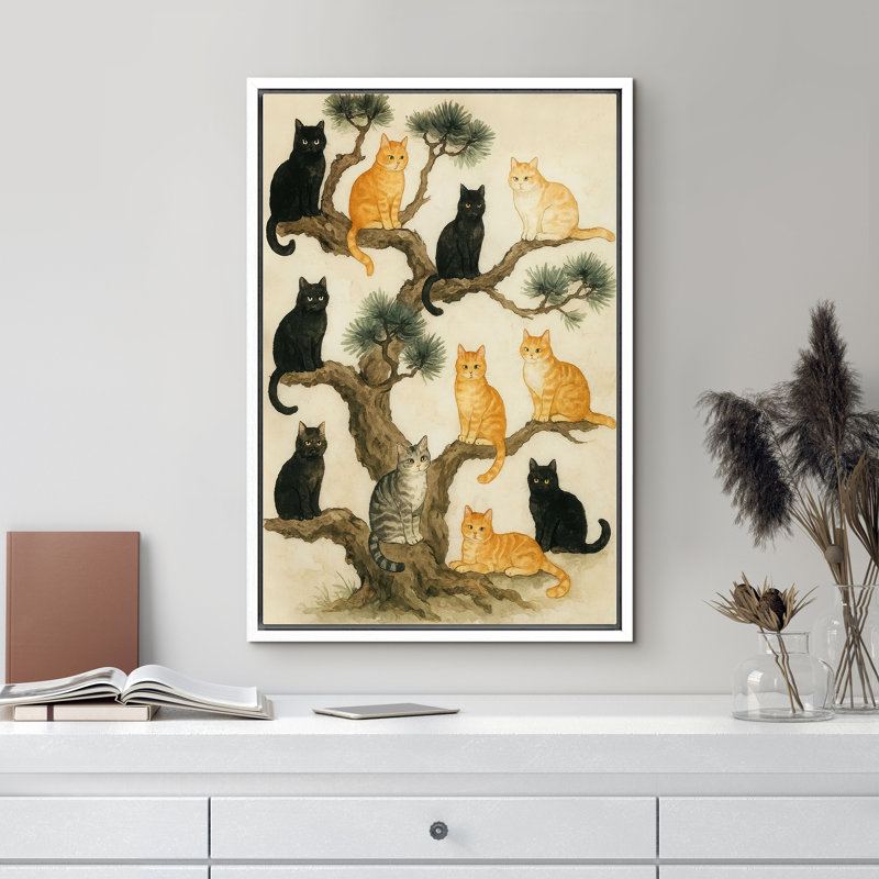 Douze chats assis sur un pin - reproduction d'art sur toile encadrée, H 24 po x l 16 po x P 1,5 po, Cadre flottant blanc