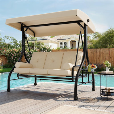 Balancelle d'extérieur 3 places avec auvent réglable et inclinable à 180 °, capacité de 800 lb, plateaux porte-gobelets, coussins et coussins pour le jardin, le patio, la cour arrière