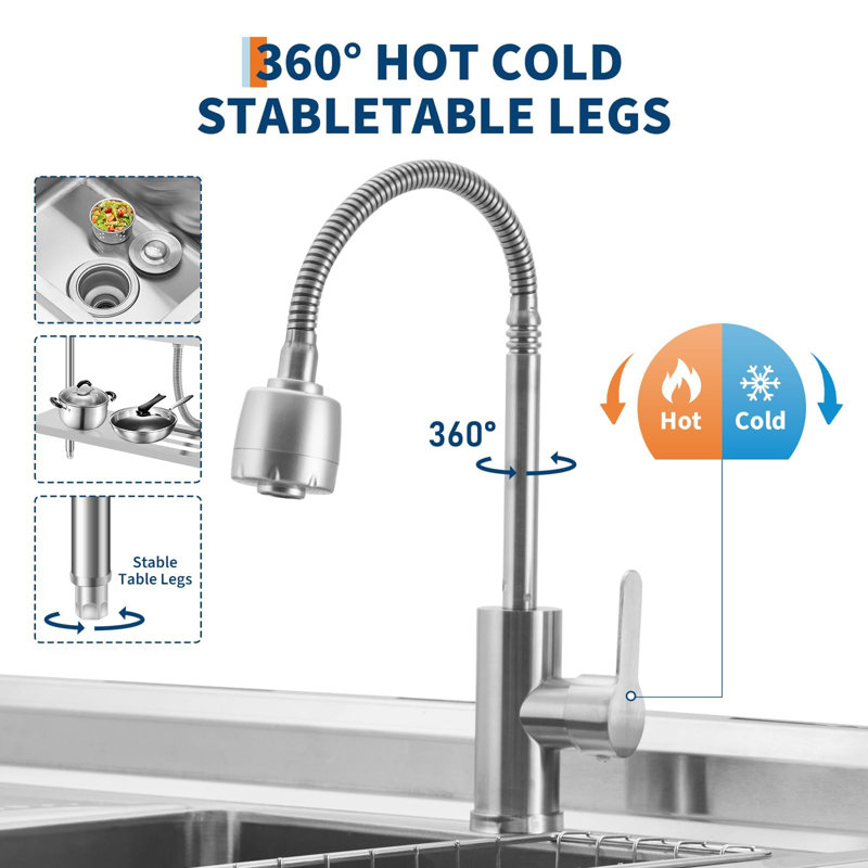 Évier utilitaire autoportant en acier inoxydable avec établi, évier simple commercial avec robinet d'eau chaude et froide