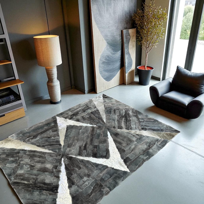 Tapis en fourrure de lapin Rex gris et blanc fait à la main - Tapis en cuir souple pour table de salle à manger 