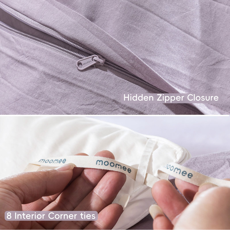 MooMee Lightweight Duvet Cover Set with Zipper Closure 8 Ties 100% Washed Cotton Linen Like Textured Soft Breathable All-Season