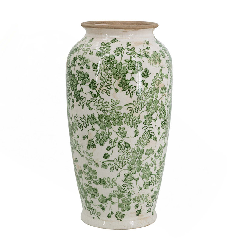 Vase à fleurs en céramique blanche avec motif floral vert, H 14,6 po x l 7,7 po x P 7,7 po