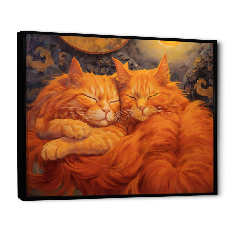 Moelleux chats orange dormant ensemble sur toile, Cadre flottant noir, H 30 po x l 40 po x P 1,5 po