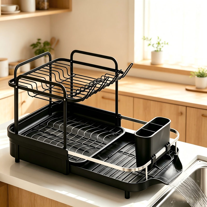 Séchoir à vaisselle extensible à 2 niveaux avec égouttoir et porte-ustensiles