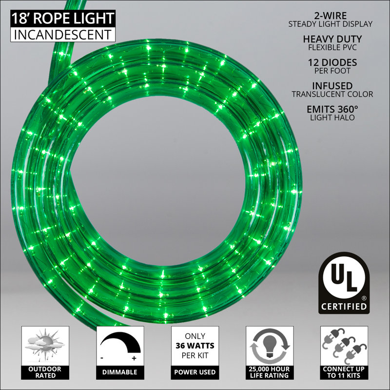 18ft Green Incandescent Outdoor Christmas Rope Lights