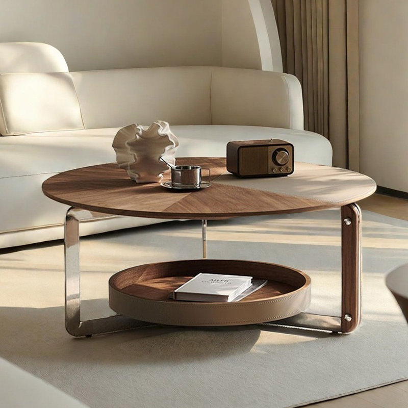 Round Coffee Table Walnut Wood Saddle Leather, 14.56"H x 35.43" L x 35.43" W