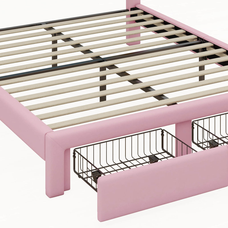 Upholstered Rainbow Design Bed With Storage Drawer, No Box-Spring Needed