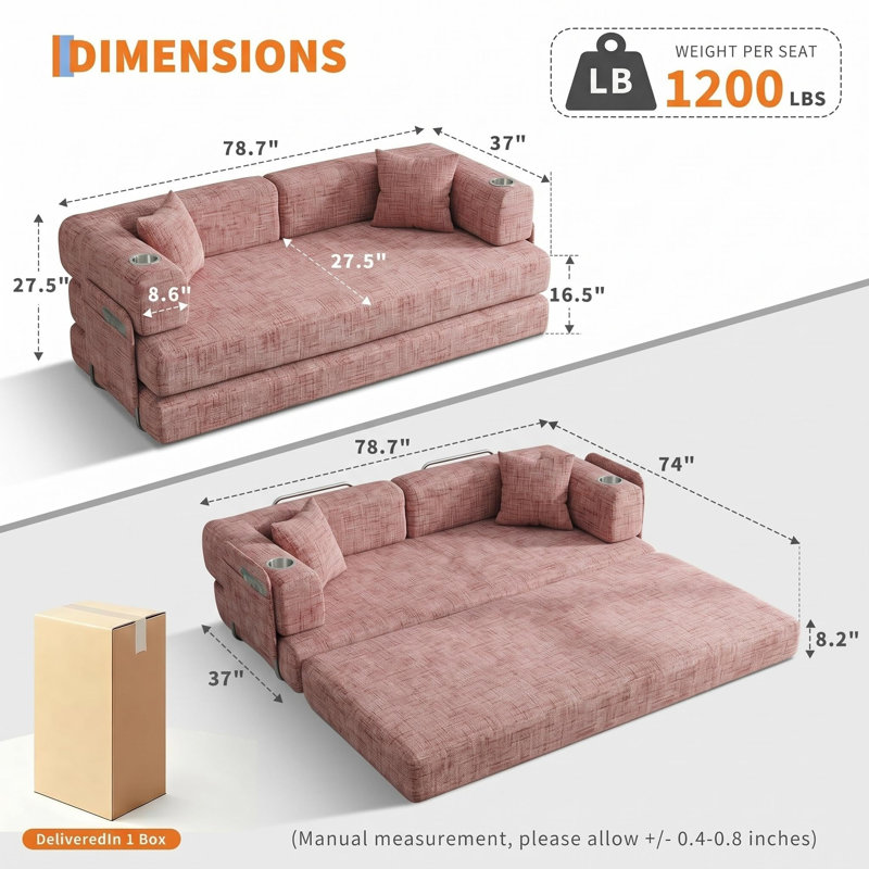Canapé-lit modulaire convertible 5-en-1, canapé-lit très grand, canapé en velours côtelé avec accoudoirs réglables, sans assemblage