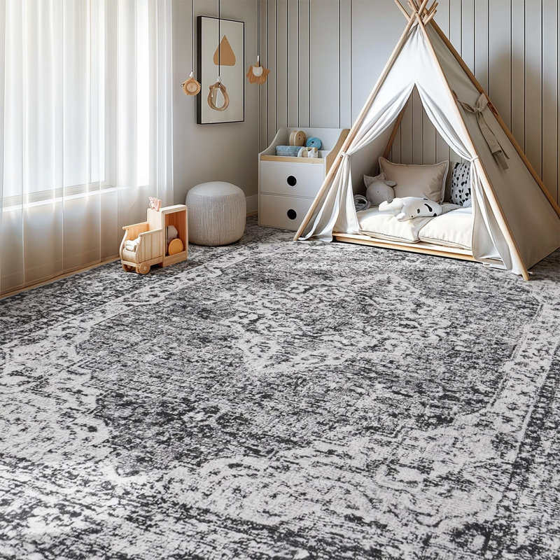 8'X10'Washable Vintage Boho Area Rug Soft Non-Slip Low Pile Large Area Rug for Office Living Room Dark Grey
