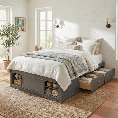 Queen Size Platform Bed Frame With 4 Storage Drawers; Slat Kit And Footboard Storage Cubby, No Headboard, Modern Space-Saving Design