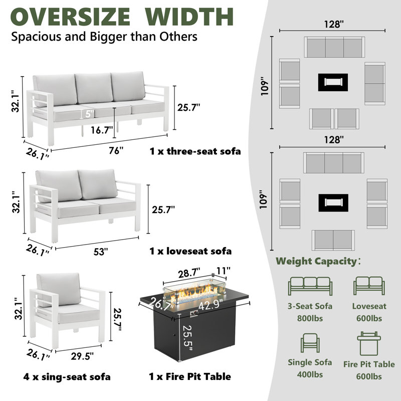 9 - Person Patio Conversation Set with Cushions, Light Gray, White