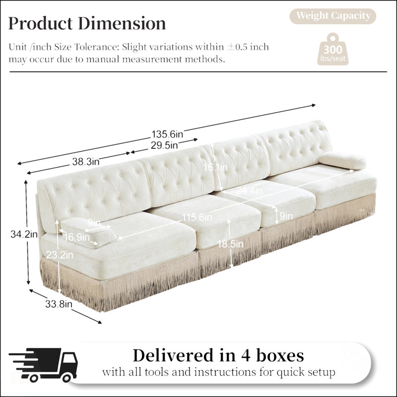 Canapé Chesterfield en velours doux de 135 pouces avec capitonnage à boutons, jupe à pampille et conception modulaire pour des espaces de vie polyvalents