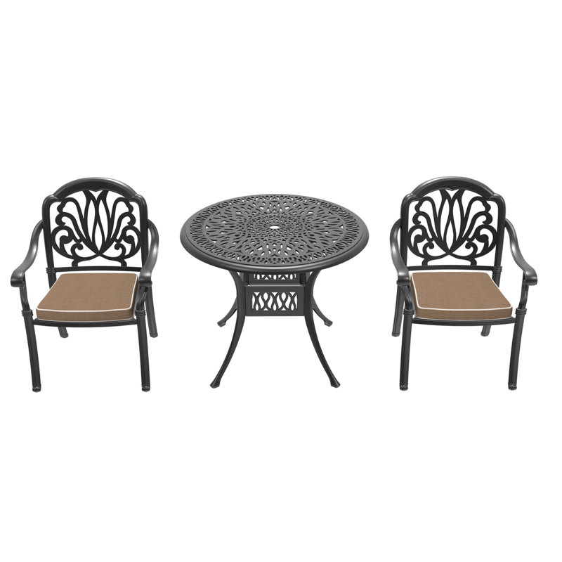 3-Piece Set Of Cast Aluminum Patio Furniture With Brown Cushions, 3, 28.35" H x 35.43" W x 35.43" D