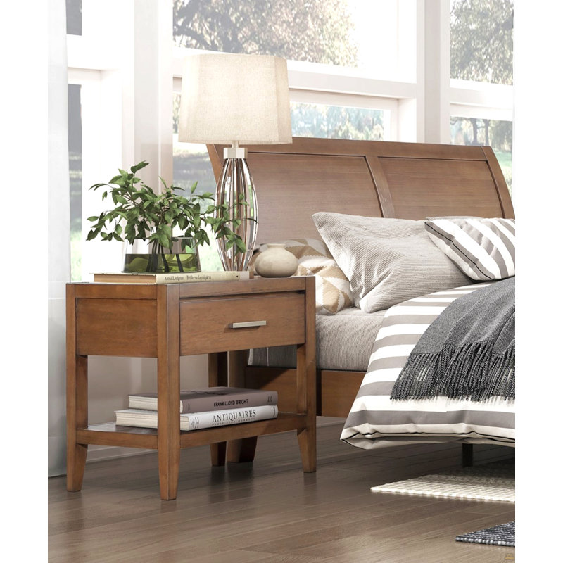 Table de chevet transitionnelle 1pc avec tiroir et tablette ouverte brun clair