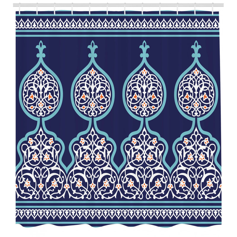 Teal and Royal Blue Moroccan Fabric Shower Curtain with Hooks