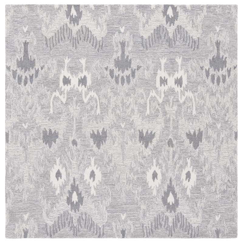Tapis ivoire / gris en laine / coton touffeté à la main Ikat, Carré 6 pi