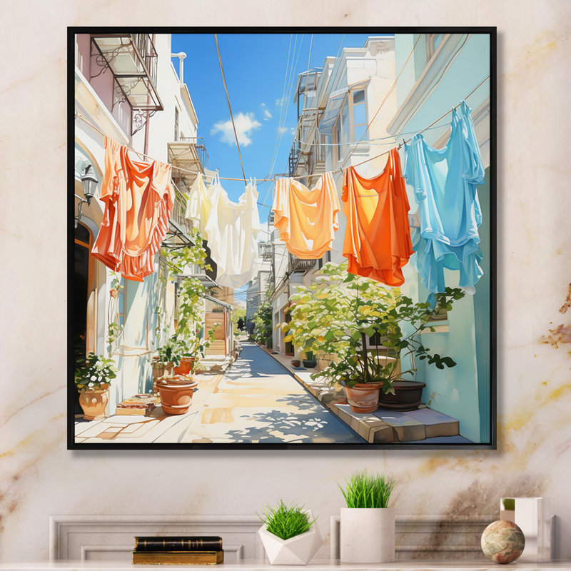 Blanchisserie en Italie V - Art mural, H 36 po x l 36 po x P 1,5 po, Cadre flottant noir