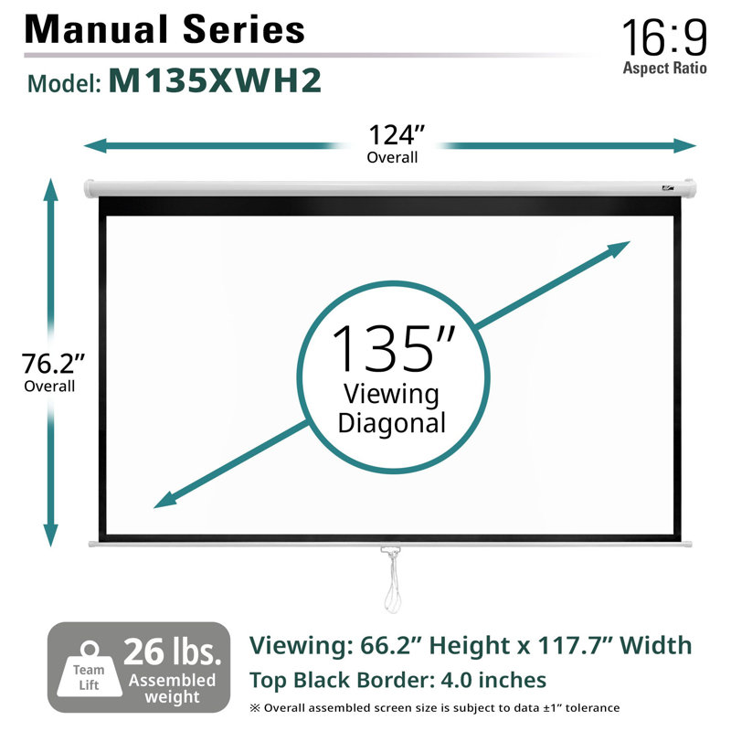 Elite Screens Manual Projector Screen Projector Screen, 135" Diagonal