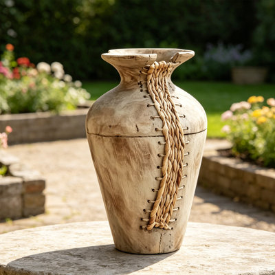 14,57 "H Rustique Wabi Sabi Beige Fabriqué à la main Bois Vase de table Tissé Accent De Fibres Naturelles Pour La Ferme Décor À La Maison