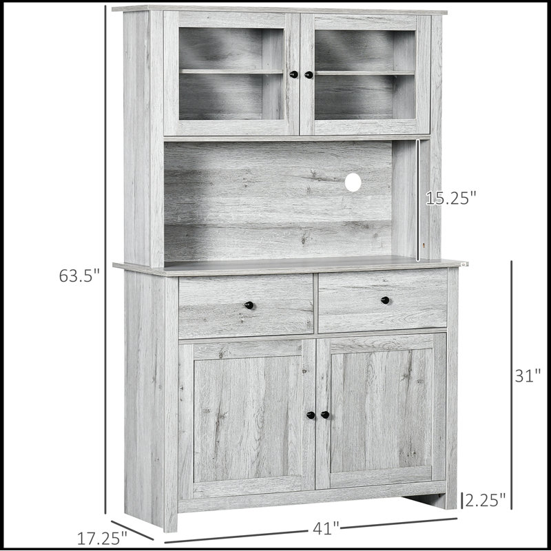 Buffet de cuisine 63,5 "avec huche, armoire de rangement pour garde-manger avec 4 tablettes, tiroirs, portes en verre encadrées