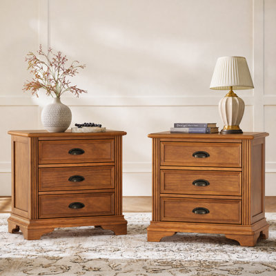 Traditional Solid Pine Wood 3-Drawer Nightstand, Classic Fluted Side Detail Bedside Cabinet With Antique Bronze Shell Cup Pulls & Curved Feet, Farmhouse Rustic Bedroom End Table(Set of 2)