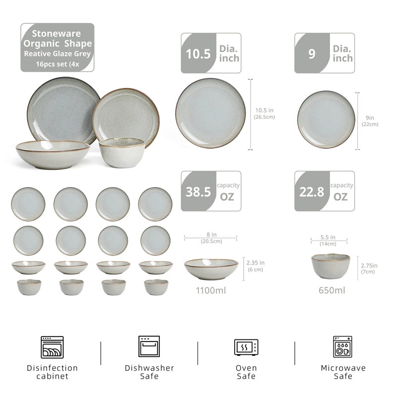 Service de table 16 pièces HomeVSS Highland, Reactive Glaze Grey