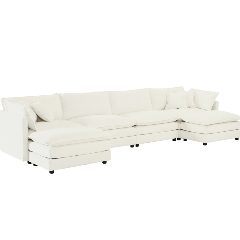 Canapé modulaire rembourré modulaire, en forme de U, en chenille blanche avec un soutien supplémentaire et des repose-pieds pour plus de commodité