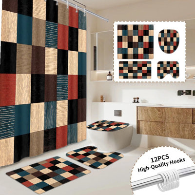 Rideau de douche carré à motif patchwork 4 pièces, décor de salle de bain rétro avec 12 crochets inclus, tapis de bain antidérapant, tapis de toilette en forme de U, couvercle de couvercle de toilette, accessoires de salle de bain toutes saisons