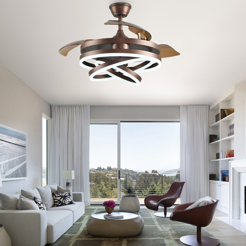 36 Inch Modern Retractable Chandelier Ceiling Fan With Lights And Remote, Silent DC Motor LED Dimmable DIY Shade Ceiling Fan